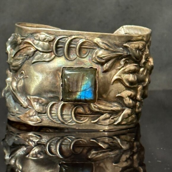 Labradorite Spectralite Sterling Silver 925 Cuff Bracelet Wide Floral  Antique - Picture 2 of 13